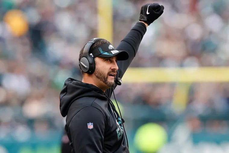 Philadelphia Eagles coach Nick Sirianni reacts after a second quarter third down stop against the New Orleans Saints on Sunday, November 21, 2021 in Philadelphia.