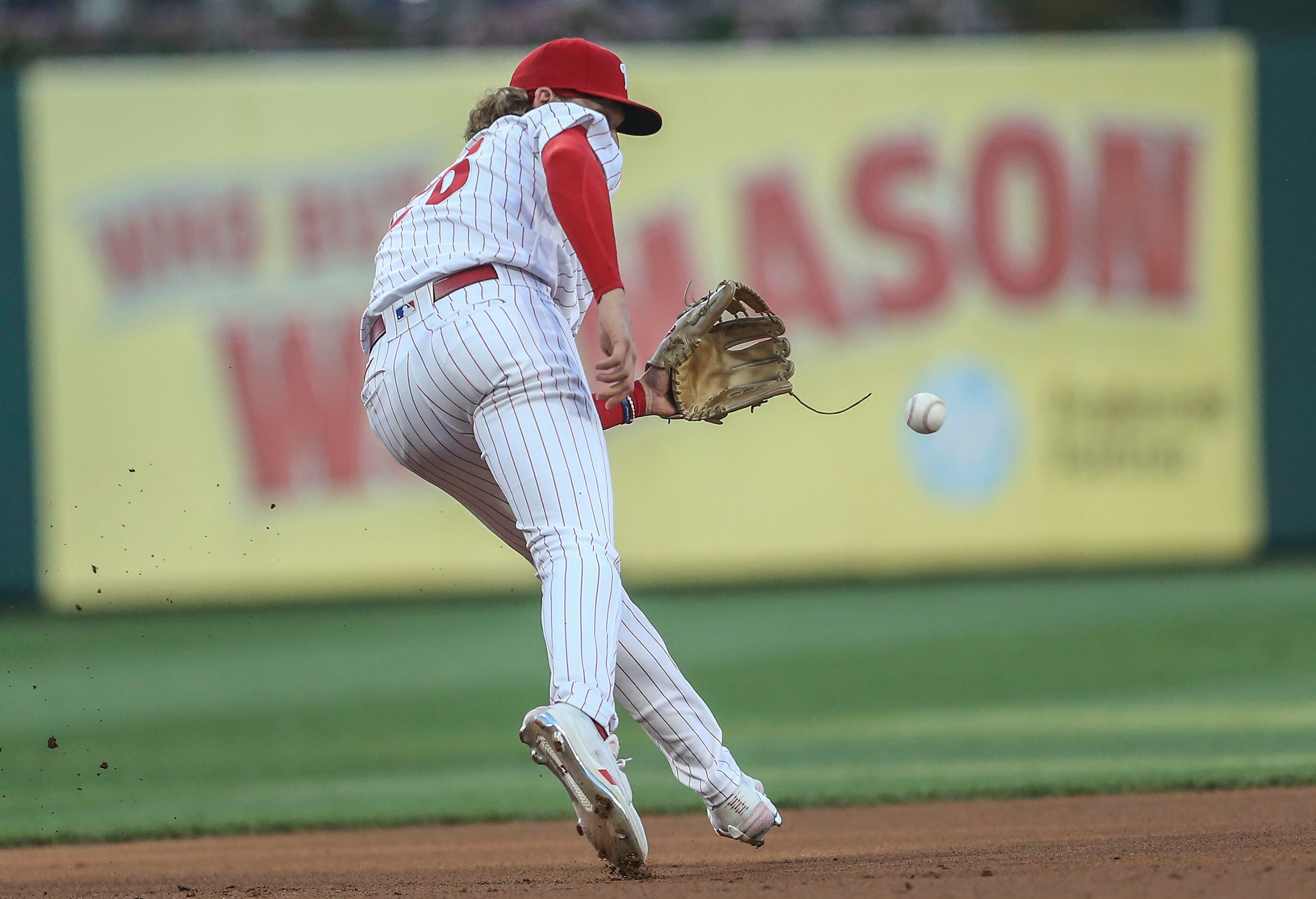 Rhys Hoskins throws out the first pitch prior to the Marlins