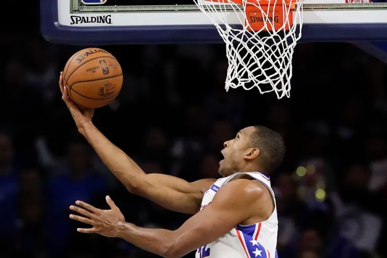 Sixers forward Al Horford lays-up the basketball against the Charlotte Hornets on Sunday, November 11, 2019 in Philadelphia.