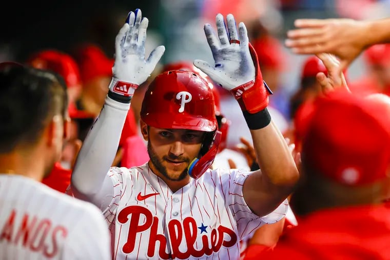 Phillies shortstop Trea Turner celebrates his three-run home run with his teammates against the Kansas City Royals on Saturday.