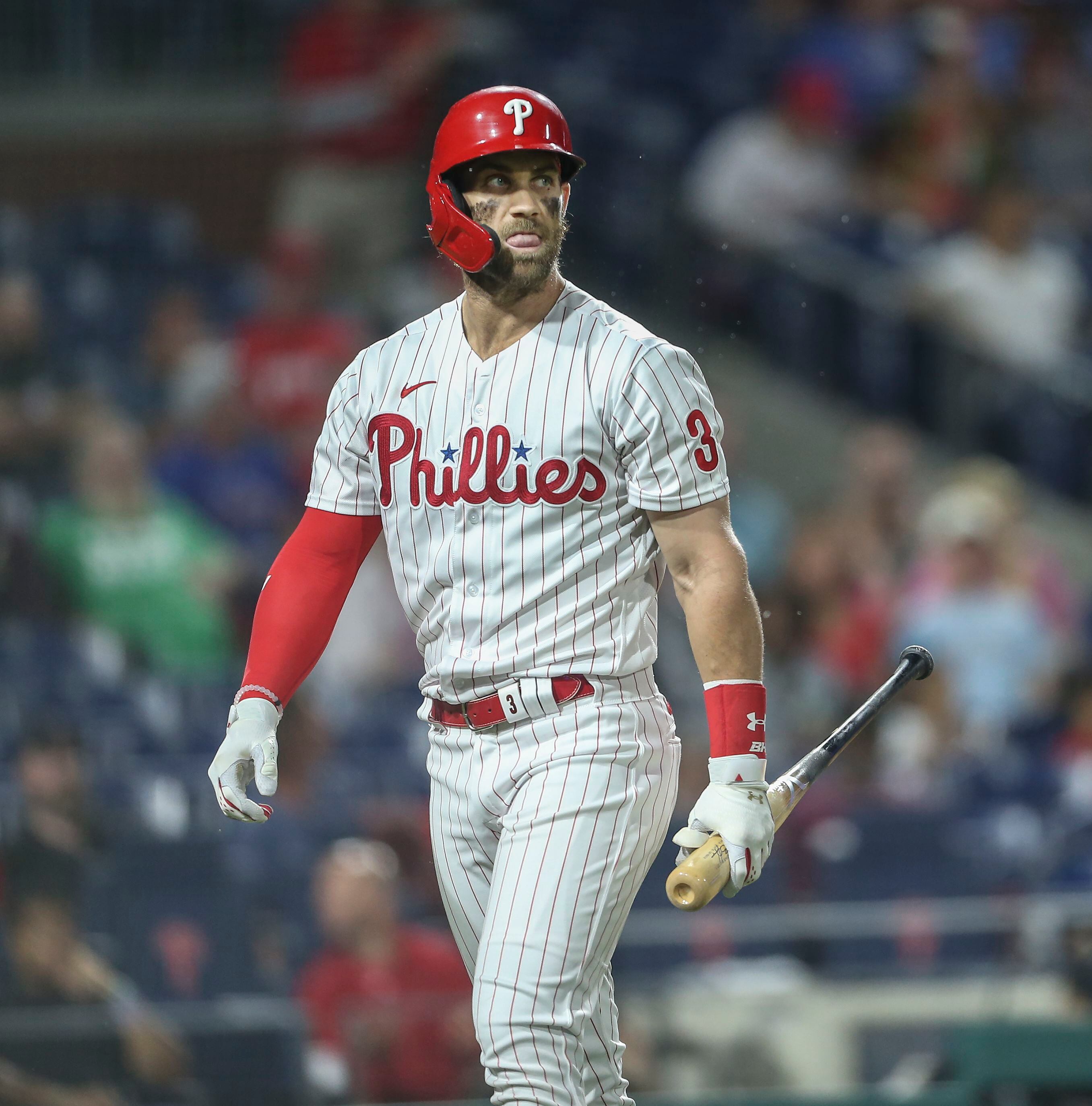 March 28, 2019: Philadelphia Phillies right fielder Bryce Harper (3) walks  away from his gear after striking out to end the inning during the MLB game  between the Atlanta Braves and Philadelphia