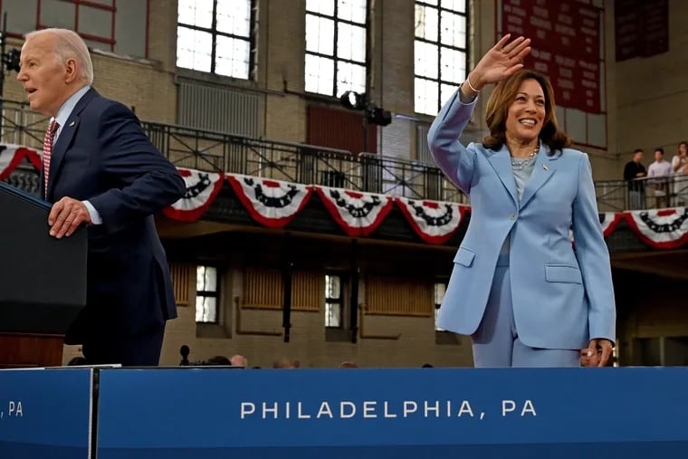 President Joe Biden and Vice President Kamala Harris are together on the stage at Girard College in May after a campaign rally.