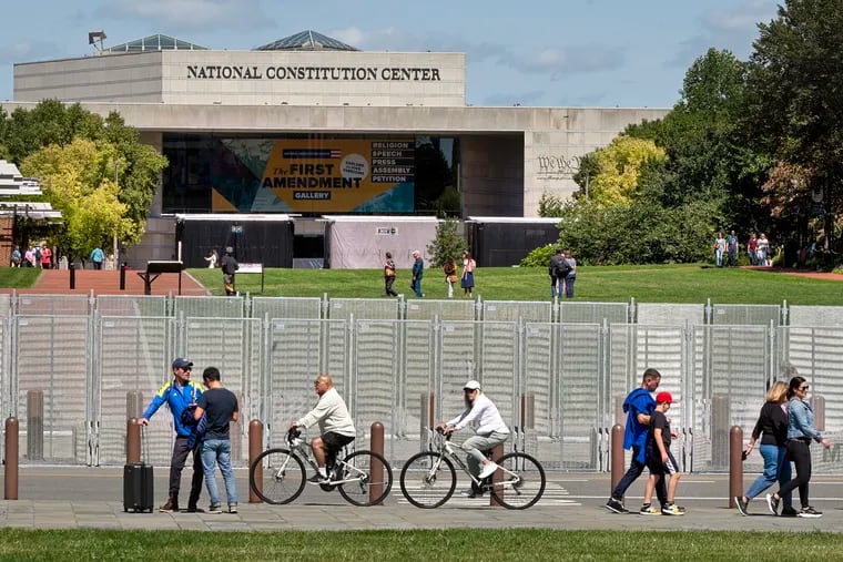 Metal fences are installed along Market Street on Independence Mall Sunday, Sept. 8, 2024, as preparations continue for Tuesday when former President Donald Trump and Vice President Kamala Harris debate at the National Constitution Center.