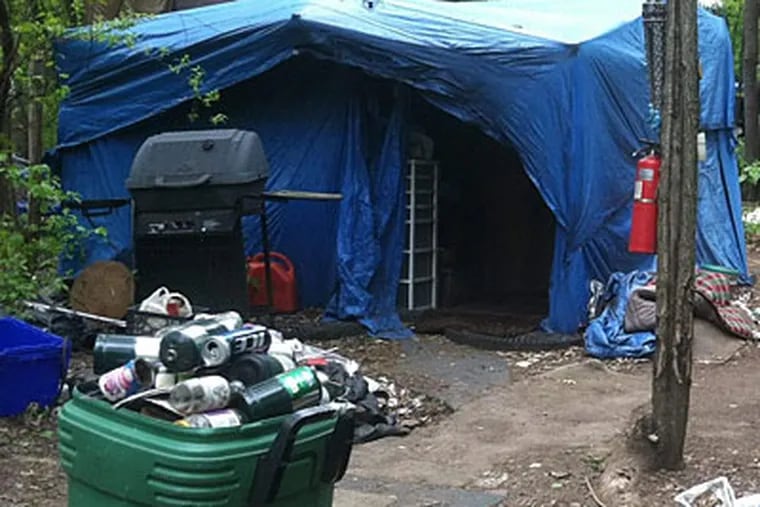 A few of the shelters in Tent City, an enclave for the homeless in Bucks County. (Bill Reed/Staff)