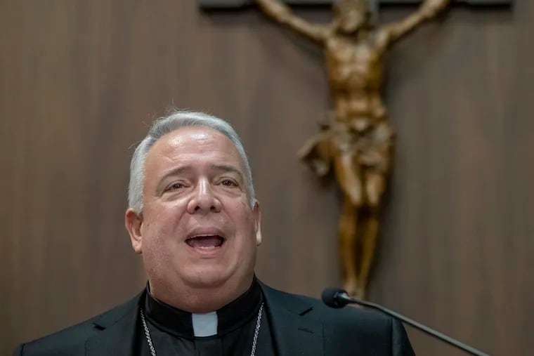 Philadelphia Archbishop-elect Nelson J. Pérez addresses those assembled at the Archdiocese's offices after his introduction by Archbishop Charles J. Chaput, as the 14th Bishop and 10th Archbishop of Philadelphia, on January 23, 2020. .