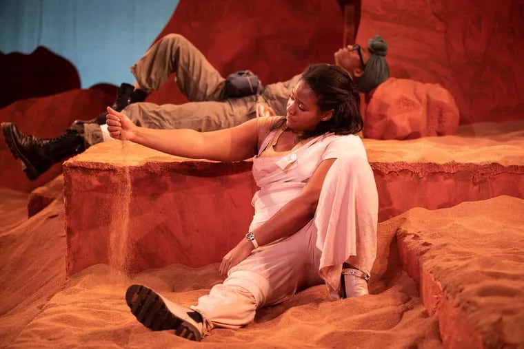Jessica Johnson (front) and Morgan Charéce in "sandblasted" at Norristown's Theatre Horizon.