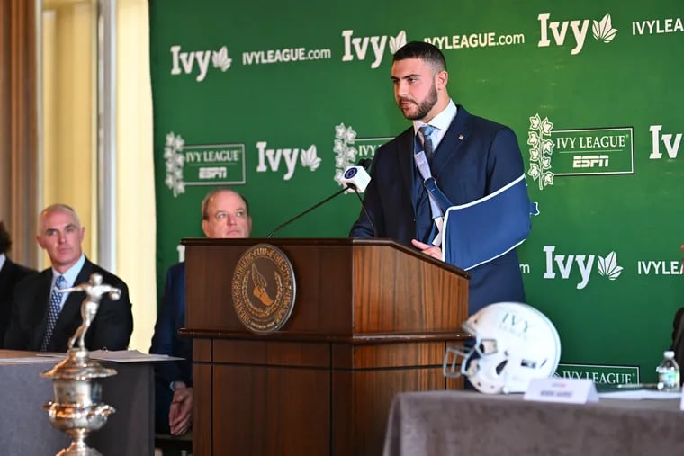 Penn's Joey Slackman speaks after winning the Ivy League Defensive Player of the Year award.