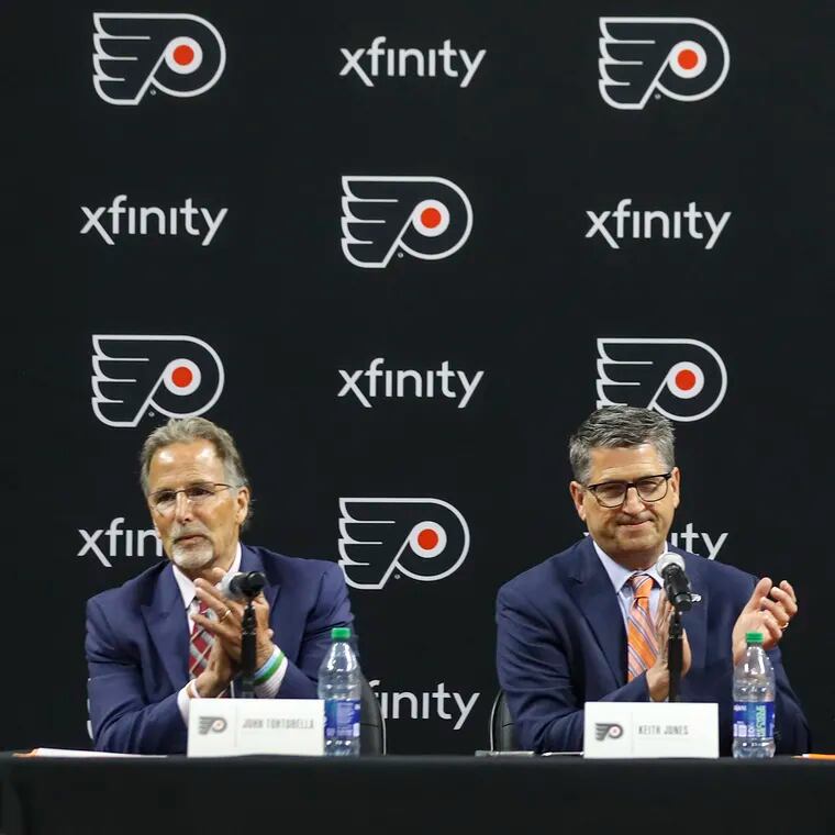 From left, the team that is tasked with turning around the Flyers along with team GM Danny Briere: coach John Tortorella, president Keith Jones, and team governor Dan Hilferty in May 2023.