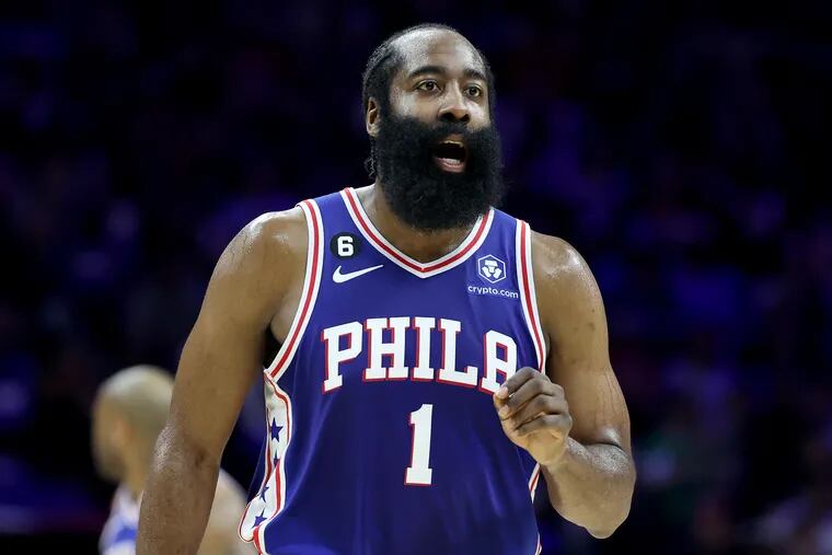James Harden scored 45 and 42 points and hit the game-winning shots in the Philadelphia 76ers’ two victories over the Boston Celtics in their best-of-7 playoff series. However, the All-Star point guard scored a total of just 28 points in the Sixers’ two defeats. (Photo by Tim Nwachukwu/Getty Images)