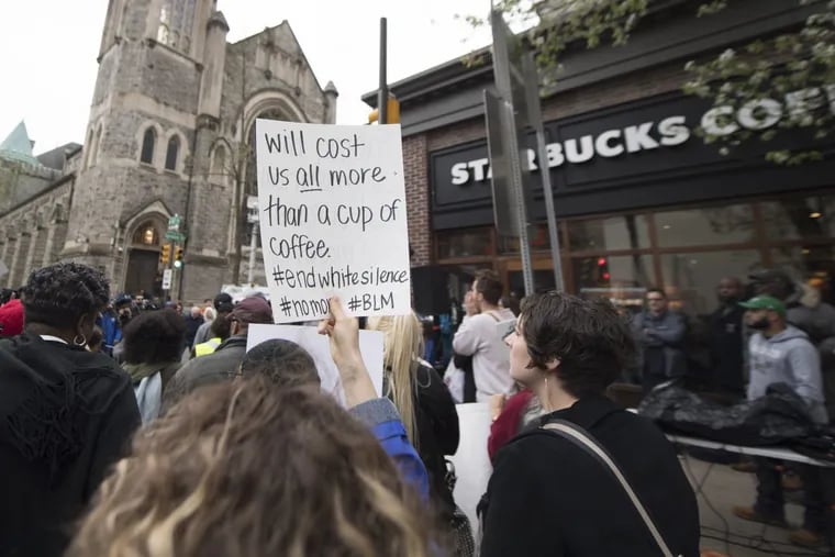 Protesters gathered outside the Starbucks on 18th &amp; Spruce Streets on April 16, following the arrests of two black men.