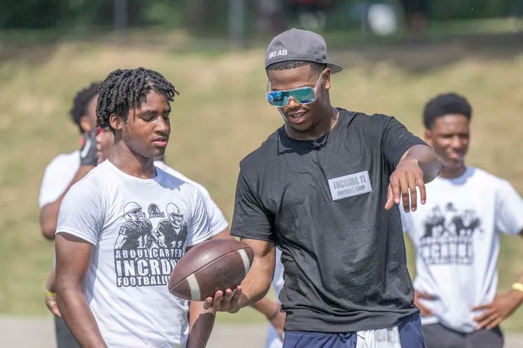 Abdul Carter, a North Philadelphia native and Penn State standout, led a football camp for players from age 5 to 14 on  Saturday at the Aztec Football Field in Hunting Park.
