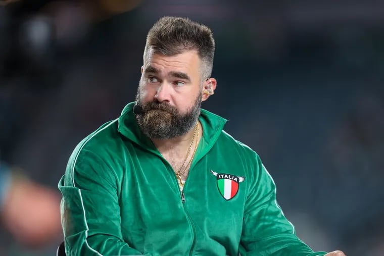 Jason Kelce on the NFL on ESPN Monday Night Football set inside the stadium before the start of the home opener against the Falcons at Lincoln Financial Field on Monday, Sept. 16, 2024, in Philadelphia.