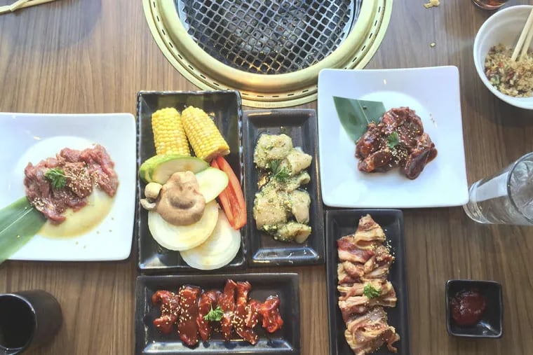 Overhead view of the “premium party set” lunch deal for two at Gyu-Kaku on Callowhill Street behind the Free Library. (Photo by Craig LaBan)