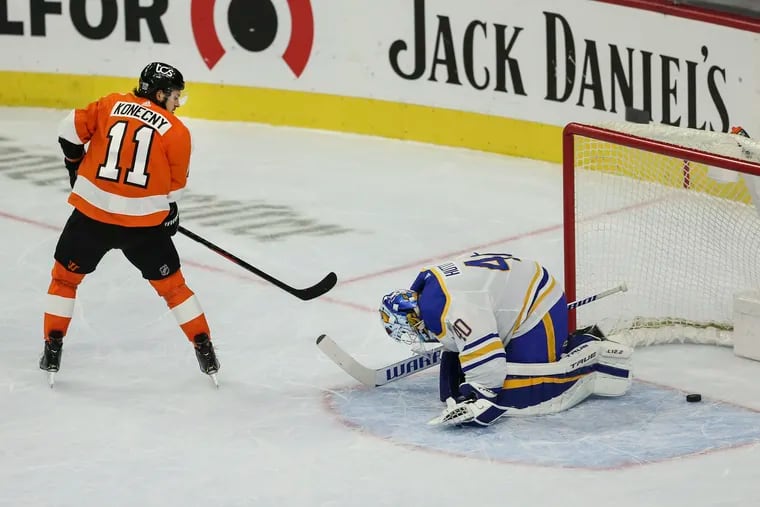 Flyers right winger Travis Konecny scores on a breakaway on Sabres' goalie Carter Hutton during the second period at the Wells Fargo Center on Tuesday.
