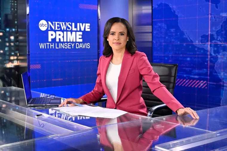 This image released by ABC shows Linsey Davis on the set of "ABC News Live Prime with Linsey Davis." (Jeff Neira/ABC via AP)