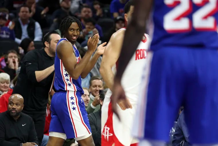 Sixers guard Tyrese Maxey reacts during a game against the Houston Rockets on Jan. 15.