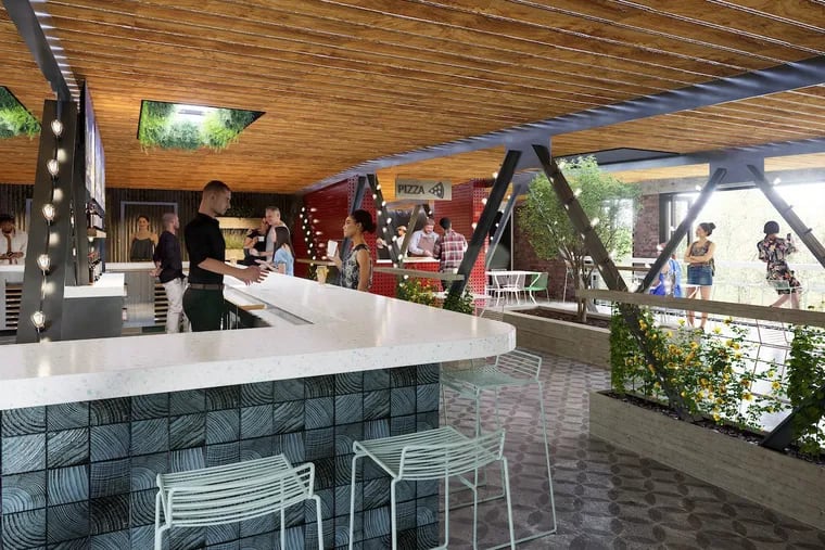 A rendering of Source Brewing's rooftop terrace, which will feature brick oven pizza, games, skylights, and sliding glass windows. Owners are eyeing a February 2025 grand opening for the Manayunk location.