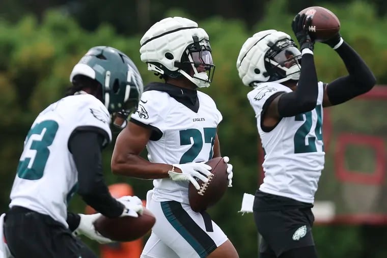 Eli Ricks and Zech McPhearson (left, center) are battling for reserve corner spots, while James Bradberry IV (right) is making a transition to safety.