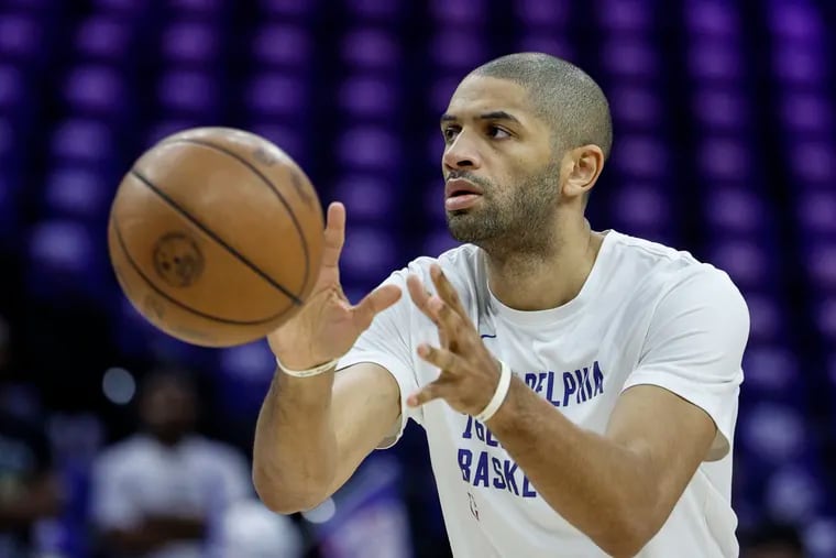 Former Sixer Nicolas Batum warms up before his game with the Knicks at the Wells Fargo Center for game 6 of the first round Playoffs in Philadelphia, Thursday, May 2, 2024.