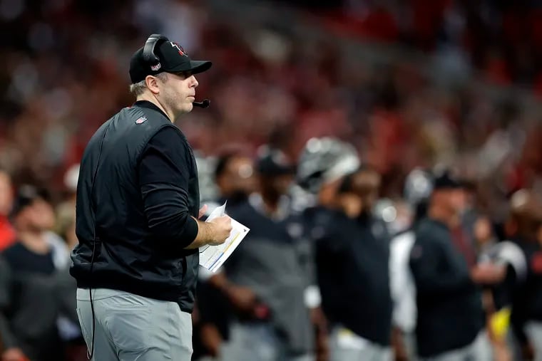 Head coach Arthur Smith of the Atlanta Falcons looks on during the second half against the Tampa Bay Buccaneers at Mercedes-Benz Stadium on January 08, 2023 in Atlanta, Georgia. (Photo by Alex Slitz/Getty Images)