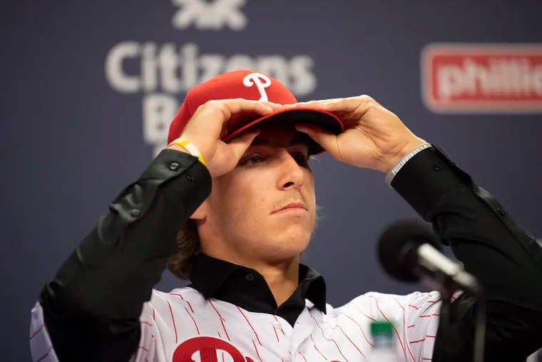 Bryson Stott, the Phillies' first-round selection in the 2019 draft, looks on during an introductory press conference Thursday at Citizens Bank Park.