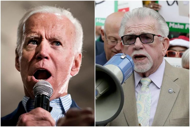 Former Vice President Joe Biden (left) addresses a crowd at the Grand River Center in Dubuque, Iowa, on Tuesday. Philadelphia AFL-CIO President Pat Eiding (right) speaks during a union rally outside Federal Court in Philadelphia in 2018.