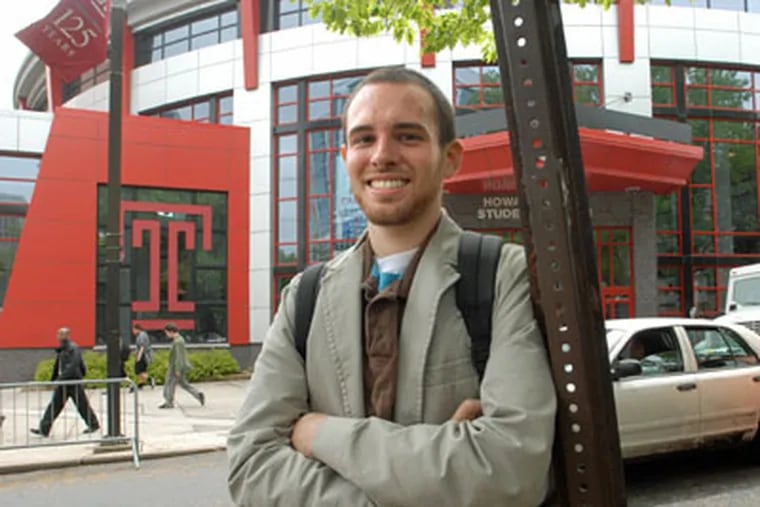 Temple senior Kevin Paris, 27, of Blakely, near Scranton, whose parents insist he get an interim health insurance policy before the start of his Teach for America job. (April Saul / Staff Photographer)