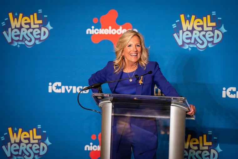 First Lady Jill Biden at an event to celebrate National Civics Day in October with the launch of a new Nickelodeon show. Biden was back in the region Monday for a fundraiser at a private home in Chestnut Hill.
