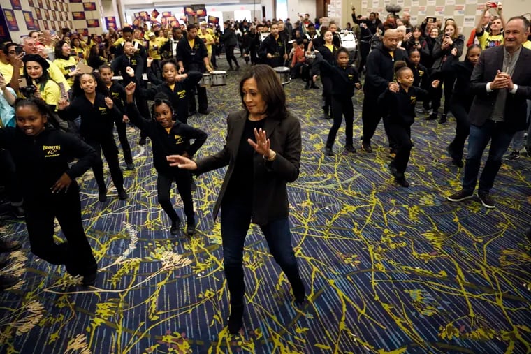 Democratic presidential candidate Sen. Kamala Harris dances as he makes her way to speak to supporters before the Iowa Democratic Party's Liberty and Justice Celebration, Friday, Nov. 1, 2019, in Des Moines, Iowa. (AP Photo/Charlie Neibergall)