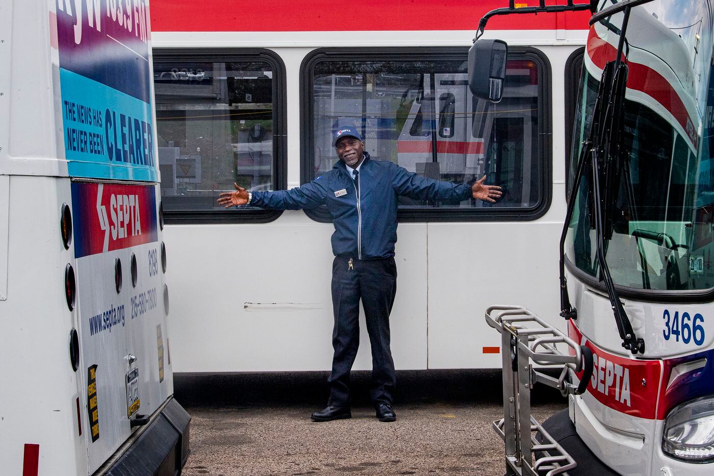 Muhammad Bilal Islam, is photographed with his bus at the SEPTA station in Upper Darby, Pa. Thursday, April 22, 2021. 