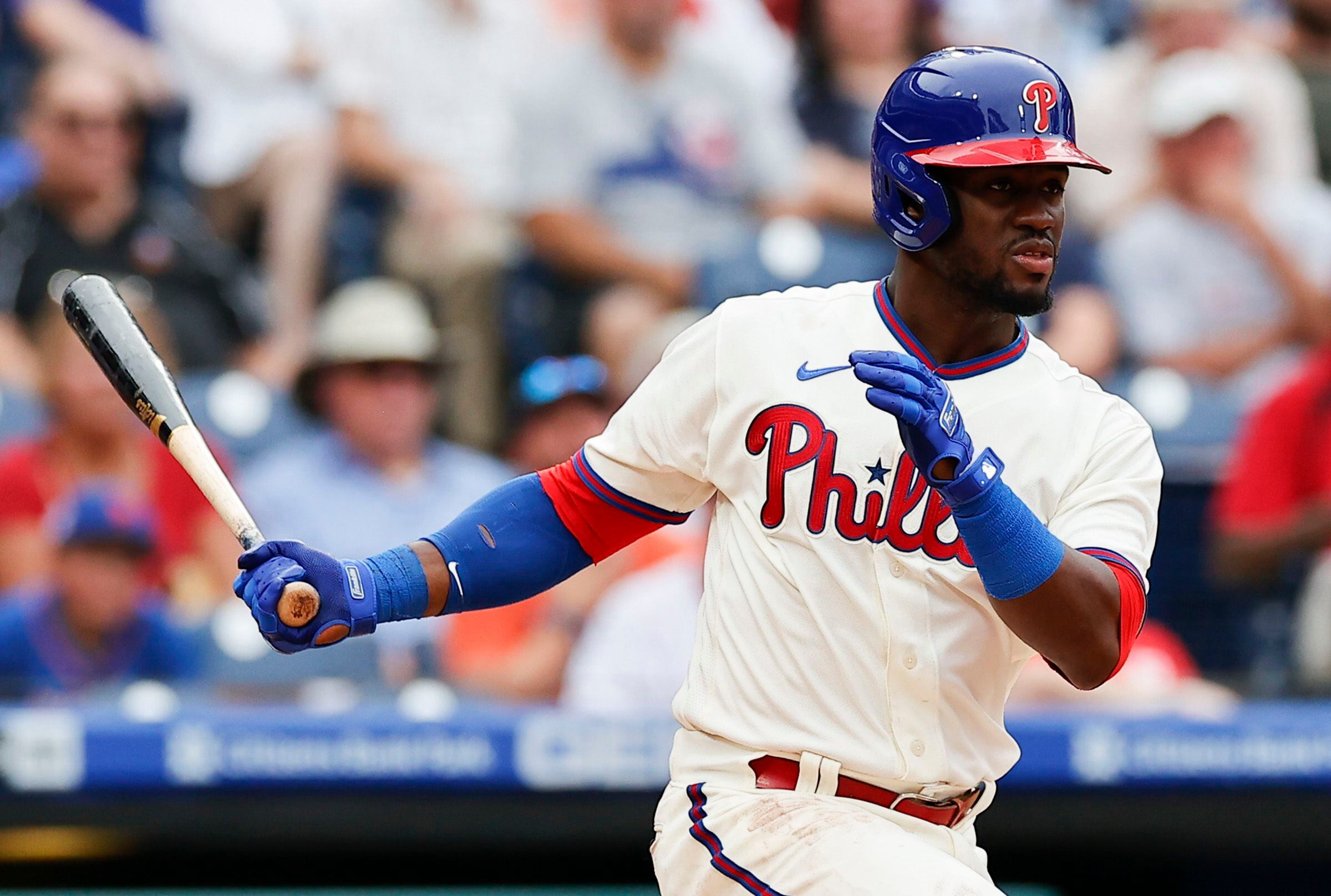 From left, Philadelphia Phillies' Rhys Hoskins, Odubel Herrera and