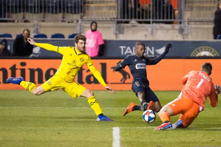 Union fans know Joe Bendik (right) well: he has played against Philadelphia 13 times, most recently the Union’s 3-0 win over Columbus in March at Talen Energy Stadium.