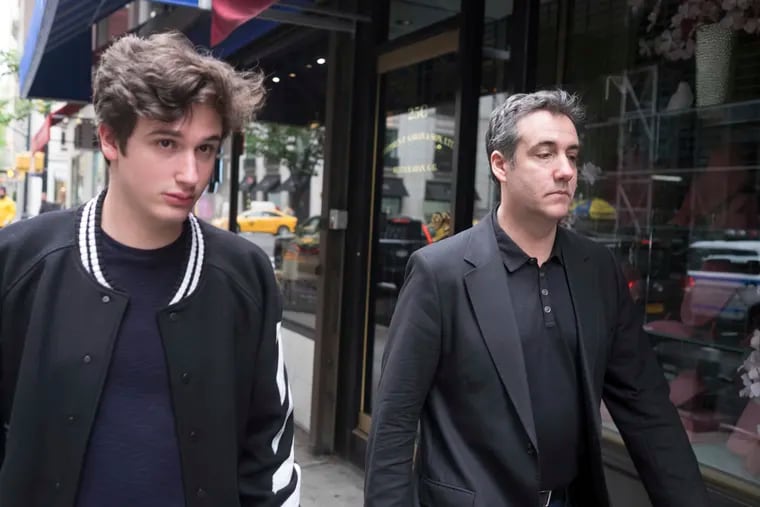 Michael Cohen, right, President Donald Trump's former personal attorney, walks down the street with his son Jake after leaving his apartment, Saturday, May 4, 2019, in New York. Cohen is scheduled to report to a federal prison on Monday, May 6, to begin serving a three-year sentence for campaign-finance violations, tax evasion, bank fraud, and lying to Congress.