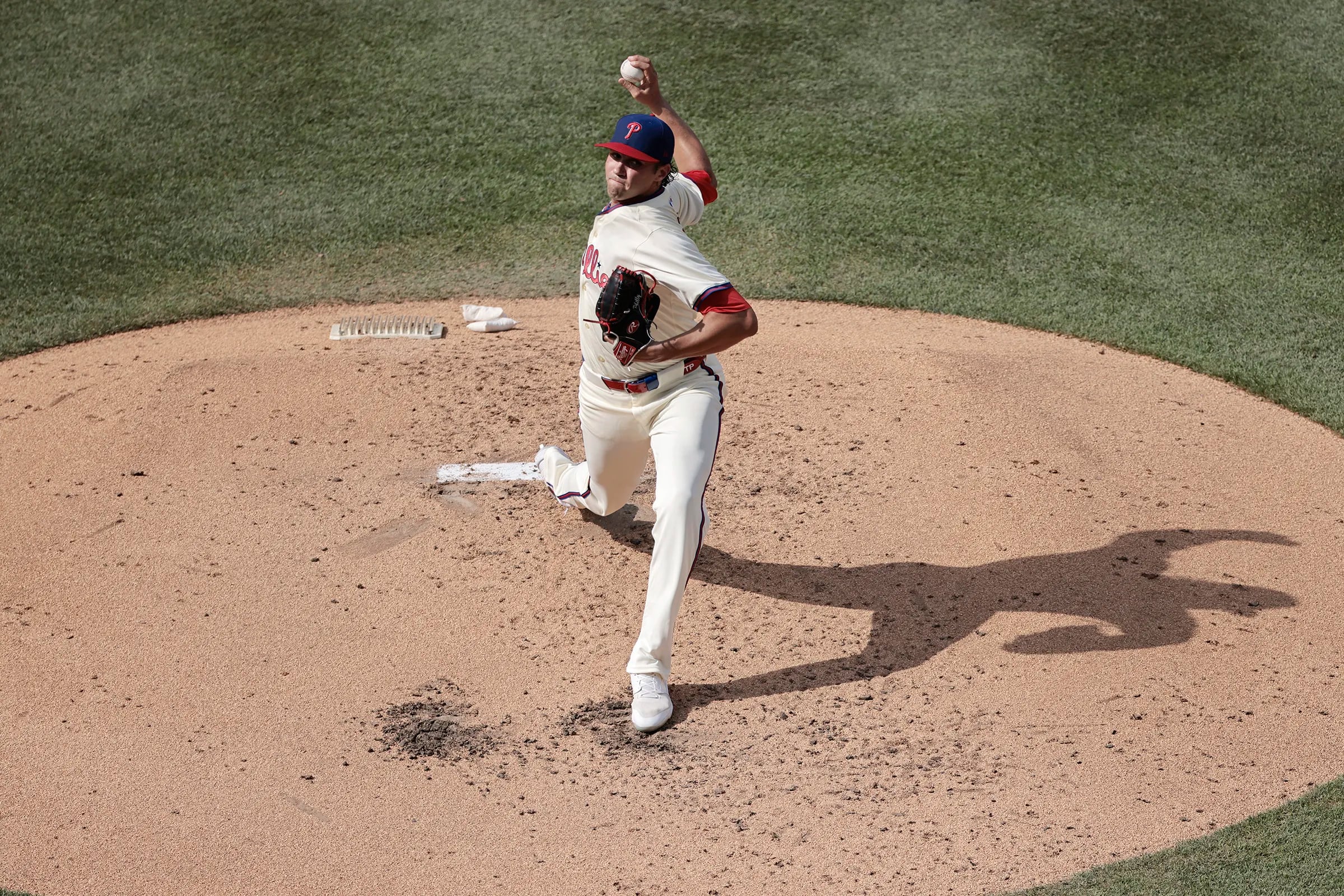 Phillies Tyler Phillips pitches during the Oakland Athletics vs. Philadelphia Phillies MLB game at Citizens Bank Park in Philadelphia on Saturday, July 13, 2024.