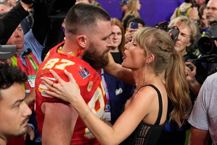 Travis Kelce joined Taylor Swift on stage during her concert in London on Sunday.