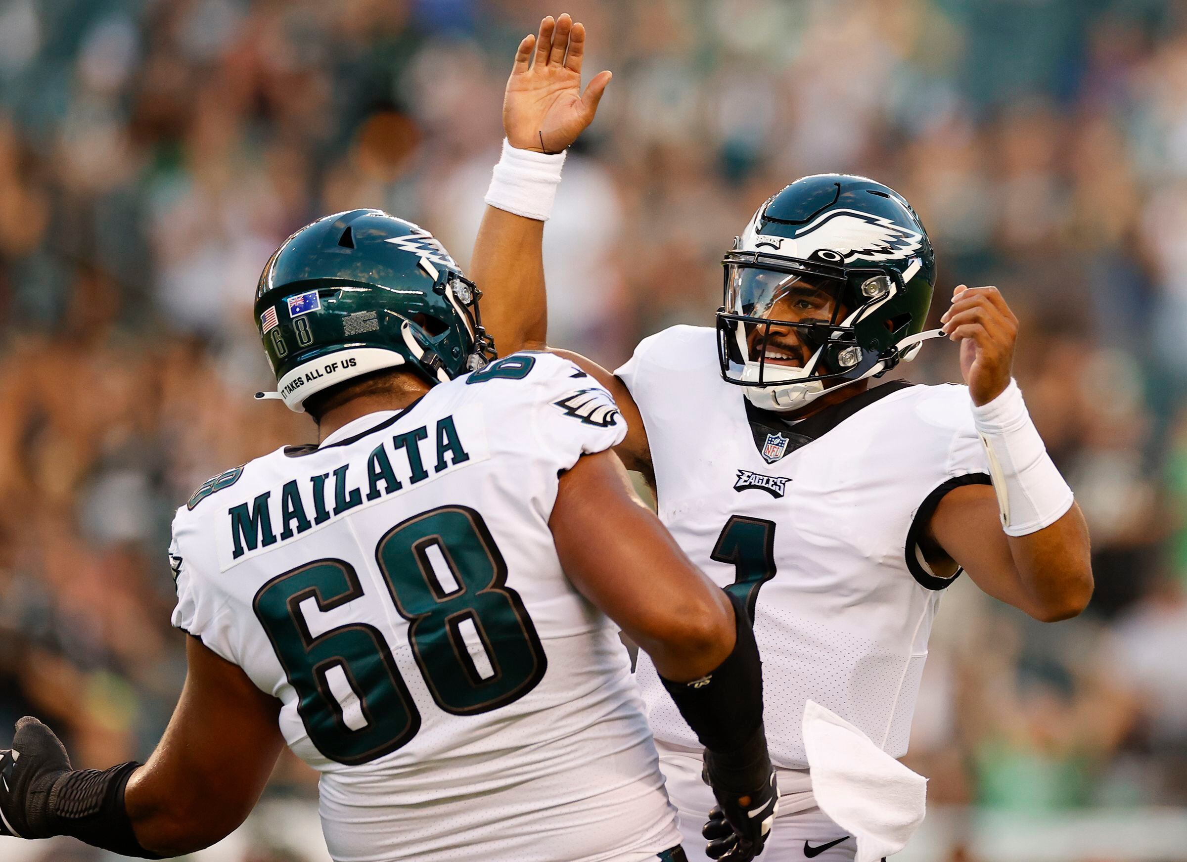 Philadelphia Eagles offensive tackle Jordan Mailata (68) reacts walking off  the field against the New York