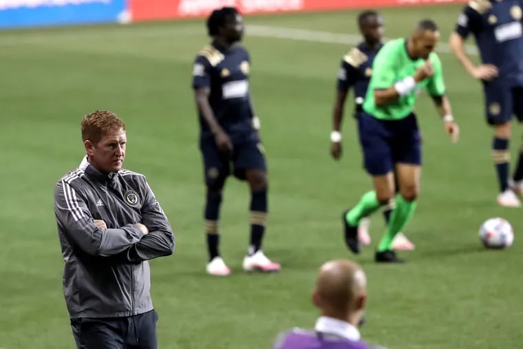 Union manager Jim Curtin, left, on the sideline at Subaru Park after a game earlier this year.