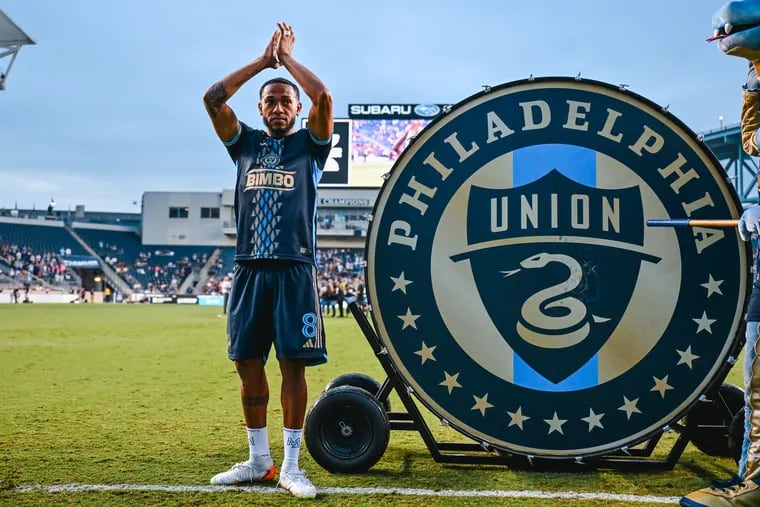 José Andrés Martínez salutes fans before being the pregame drummer at the Union's Leagues Cup quarterfinal against Mazatlán on Saturday.