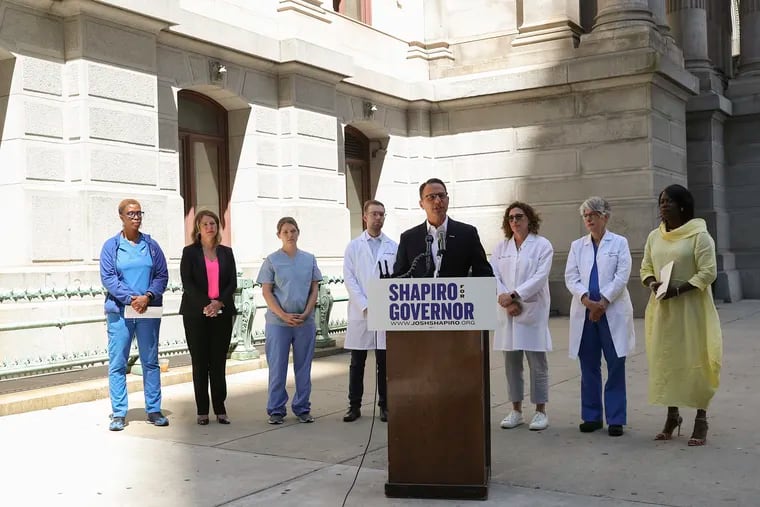 Josh Shapiro speaks during a press conference highlighting the importance of defending abortion access in Pennsylvania outside of City Hall in Philadelphia on Wednesday, June 29, 2022.