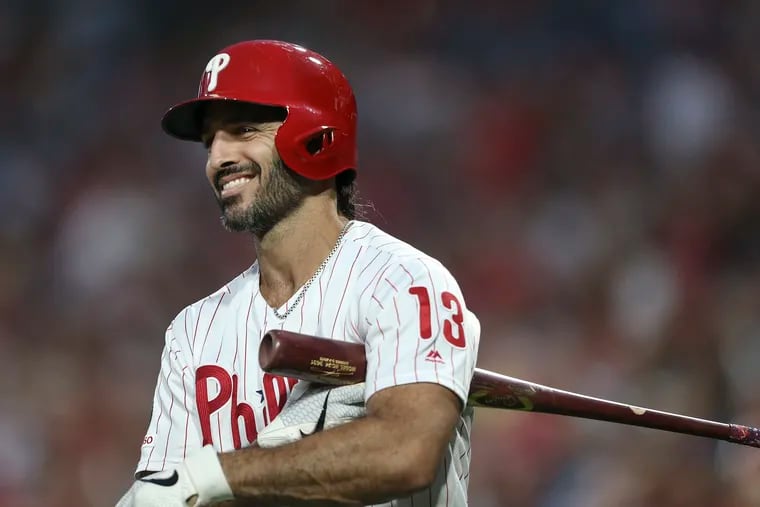 Phillies' Sean Rodriguez smiles as the home town fans boo him before he bats against the Pirates during the 2nd  inning at Citizens Bank Park in Philadelphia, Tuesday, August 27, 2019 Rodriguez was hit by the first pitch for Pirates pitcher Steven Brault. Rodriguez was booed because of comments he made about the fans from last night's game.