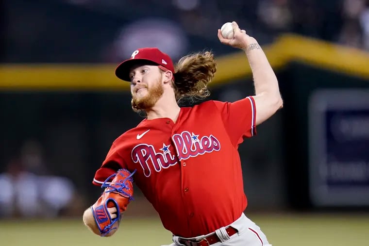 Philadelphia Phillies starting pitcher Bailey Falter throws to an Arizona Diamondbacks batter during the first inning of a baseball game Wednesday, Aug. 31, 2022, in Phoenix.