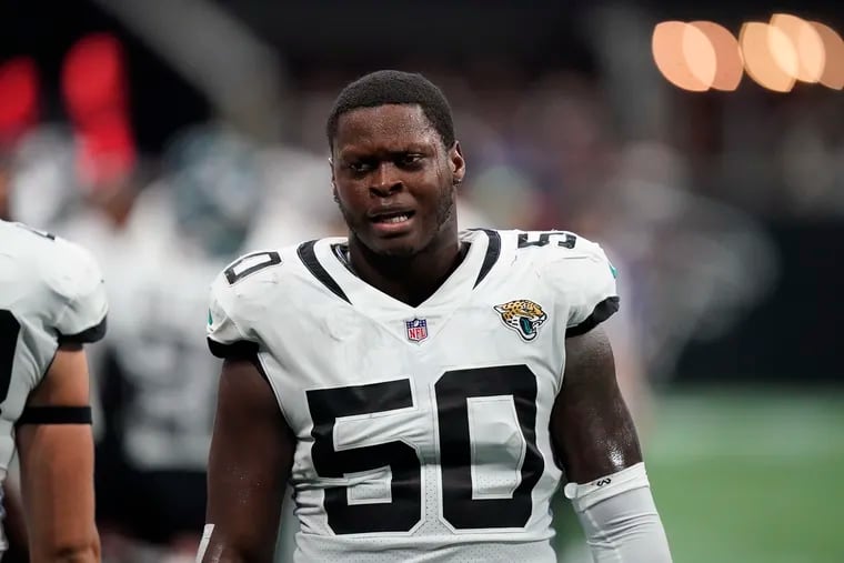 Jacksonville Jaguars linebacker Shaquille Quarterman during a preseason game against the Atlanta Falcons on Aug. 27, 2022.