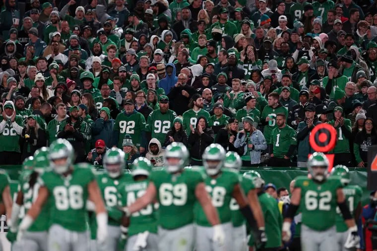 Eagles fans and players wear Kelly Green during the game against the Miami Dolphins at Lincoln Financial Field on Sunday, Oct. 22, 2023, in Philadelphia , PA.