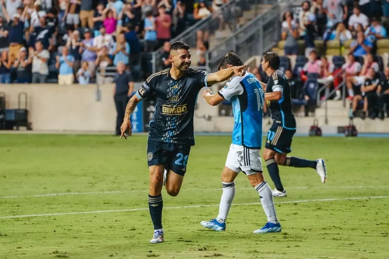 Tai Baribo (center) celebrates his goal for the Union against Charlotte.