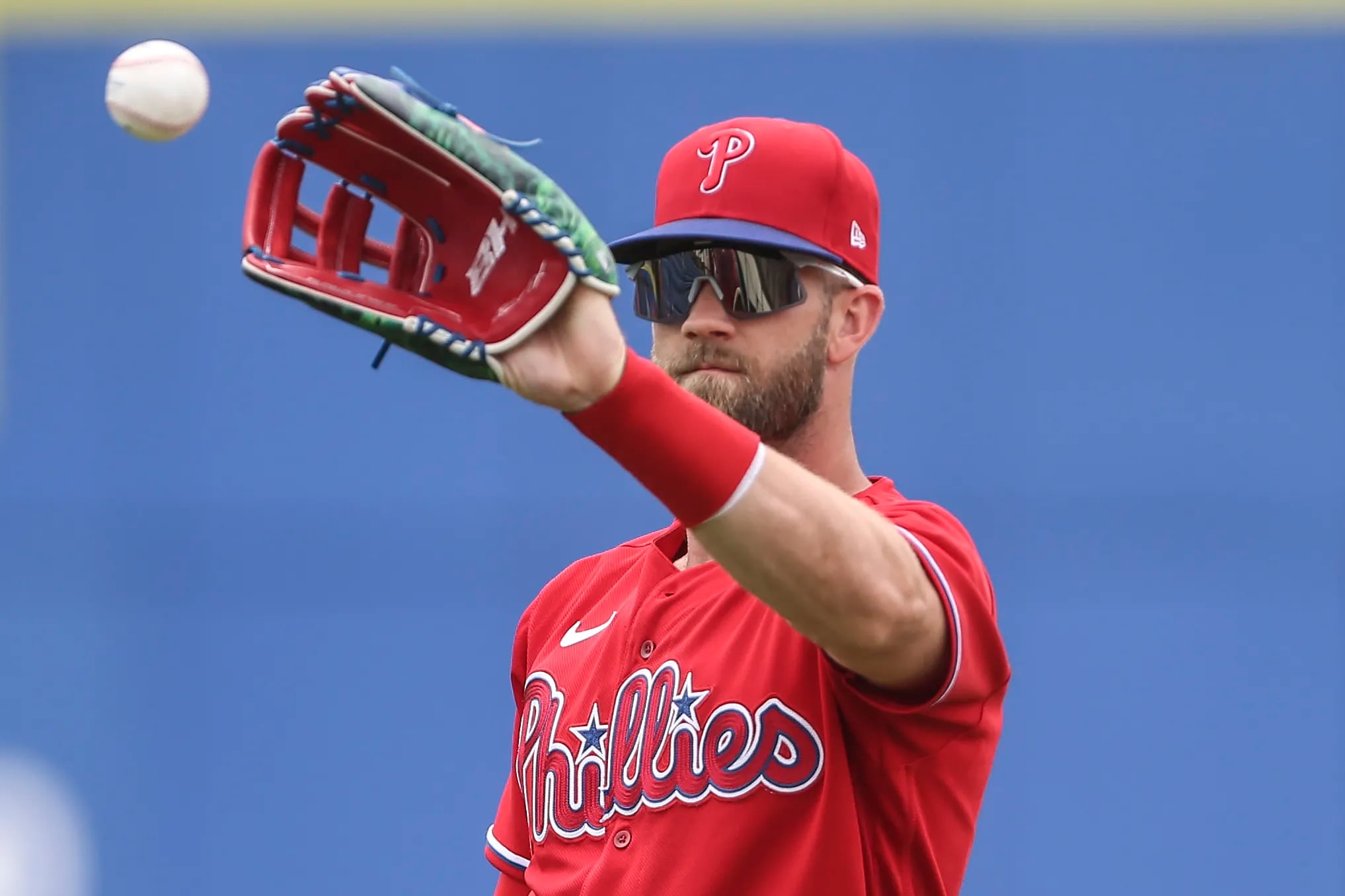 Philadelphia Phillies' Bryce Harper gets ready to throw a ball before a spring  training baseball game against the Toronto Blue Jays Saturday, March 9,  2019, in Clearwater, Fla. (AP Photo/Chris O'M …