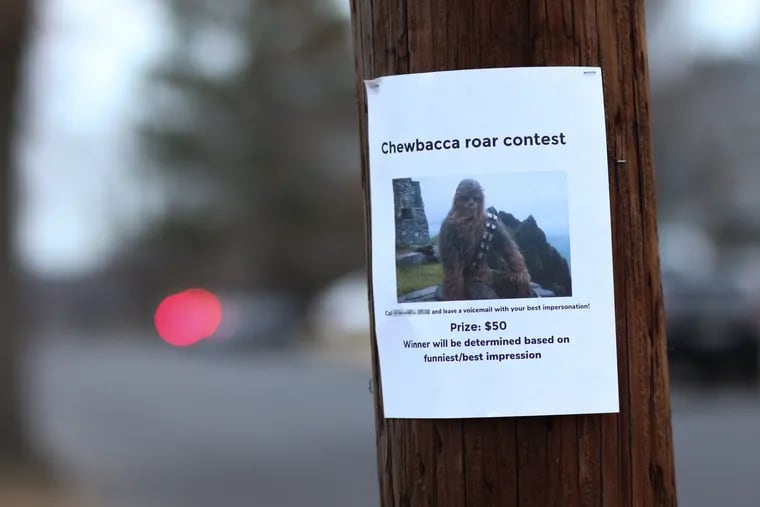 Fliers advertising a Chewbacca roar contest have popped up in Philadelphia and New Jersey, but they are not what they seem.