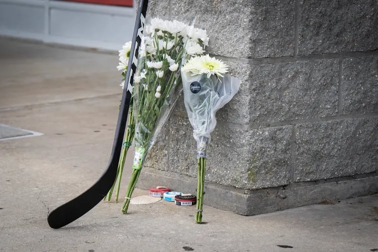 A memorial for Johnny Gaudreau at the Hollydell Ice Arena in Sewell, N.J., on Friday.