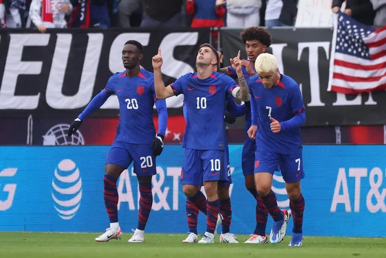 Christian Pulisic of United States celebrates after scoring the team's first goal during the international friendly match between Germany and United States at Pratt & Whitney Stadium on October 14, 2023 in East Hartford, Connecticut. (Photo by Alex Grimm/Getty Images)