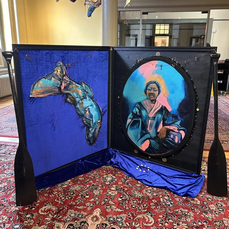 Paintings by Philadelphia artist Misty Sol that will be on display at Christ Church Neighborhood House starting Friday, July 26, 2024. On the right is her portrait of Alice of Dunk's Ferry, a Black woman who operated Dunk's Ferry in Bucks County. Alice was also known as a fisher woman, and the painting on the left reflects that work.