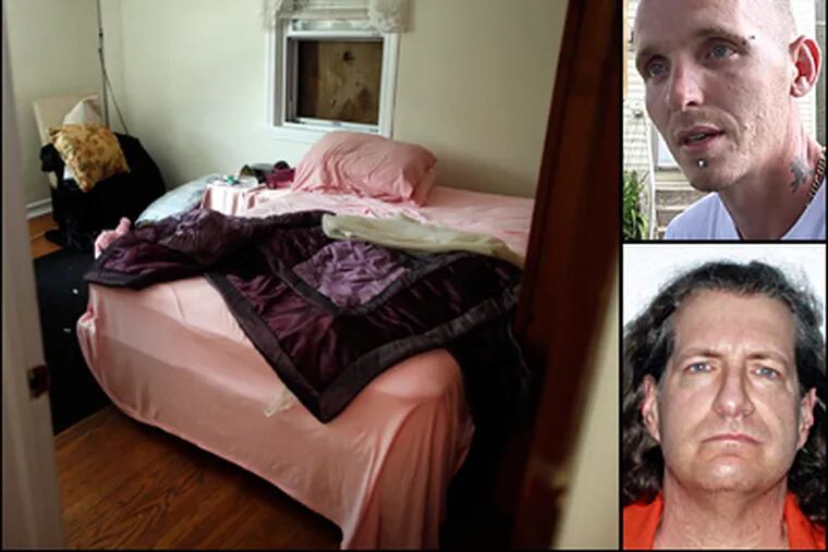 The bedroom in a Delco home where Mark R. Geisenheyner, bottom right, spent the night. Resident Gary Krobath, top right, describes his 17-hour ordeal with Geisenheyner. (Laurence Kesterson / Staff)
